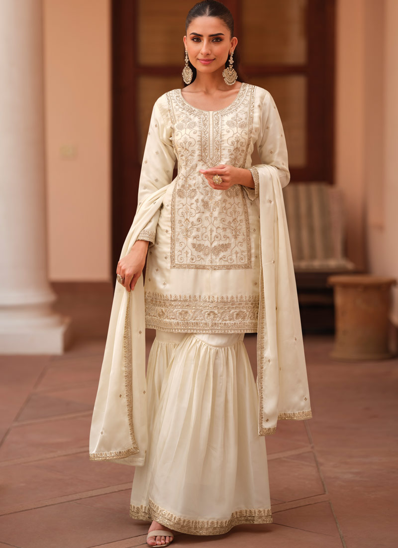 White Silk Satin Sequins Embroidered Designer Salwar Kameez