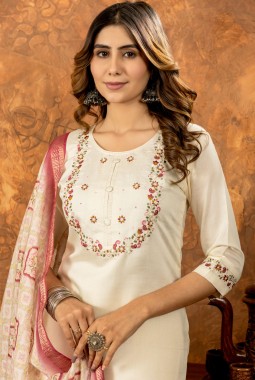 Off White Silk Embroidered Gathering Wear Salwar Kameez