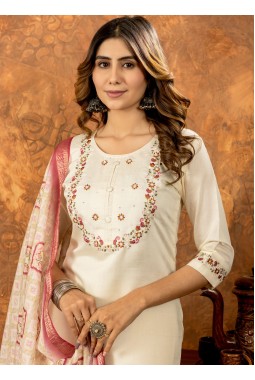 Off White Silk Embroidered Gathering Wear Salwar Kameez
