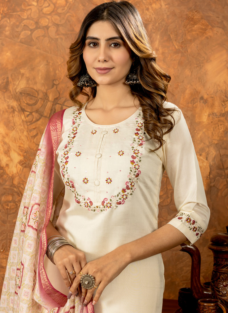 Off White Silk Embroidered Gathering Wear Salwar Kameez Off White Silk Embroidered Gathering Wear Salwar Kameez