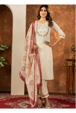 Off White Silk Embroidered Gathering Wear Salwar Kameez