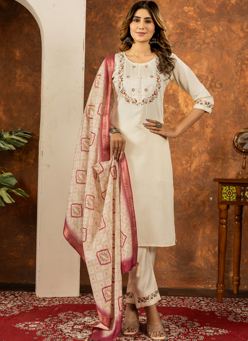 Off White Silk Embroidered Gathering Wear Salwar Kameez Off White Silk Embroidered Gathering Wear Salwar Kameez
