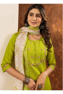 Parrot Green Silk Embroidered Gathering Wear Salwar Kameez