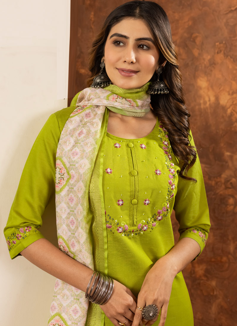 Parrot Green Silk Embroidered Gathering Wear Salwar Kameez Parrot Green Silk Embroidered Gathering Wear Salwar Kameez