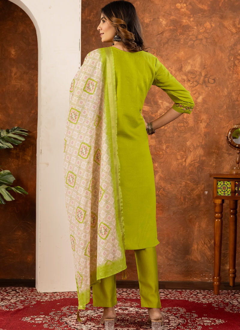 Parrot Green Silk Embroidered Gathering Wear Salwar Kameez Parrot Green Silk Embroidered Gathering Wear Salwar Kameez