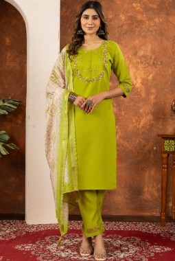 Parrot Green Silk Embroidered Gathering Wear Salwar Kameez