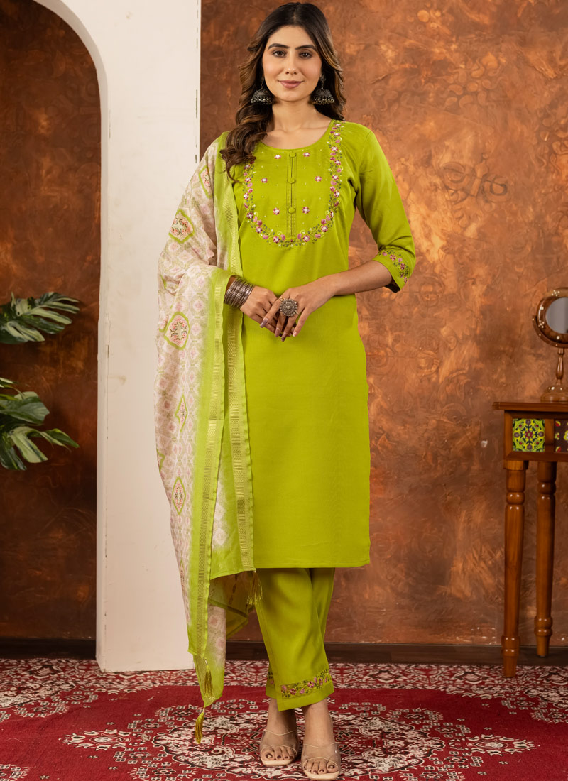 Parrot Green Silk Embroidered Gathering Wear Salwar Kameez Parrot Green Silk Embroidered Gathering Wear Salwar Kameez