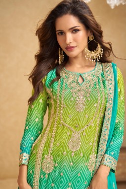 Blue And Green Chinon Embroidered Designer Salwar Kameez