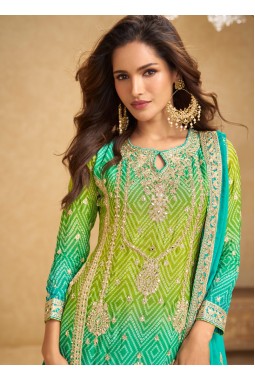 Blue And Green Chinon Embroidered Designer Salwar Kameez