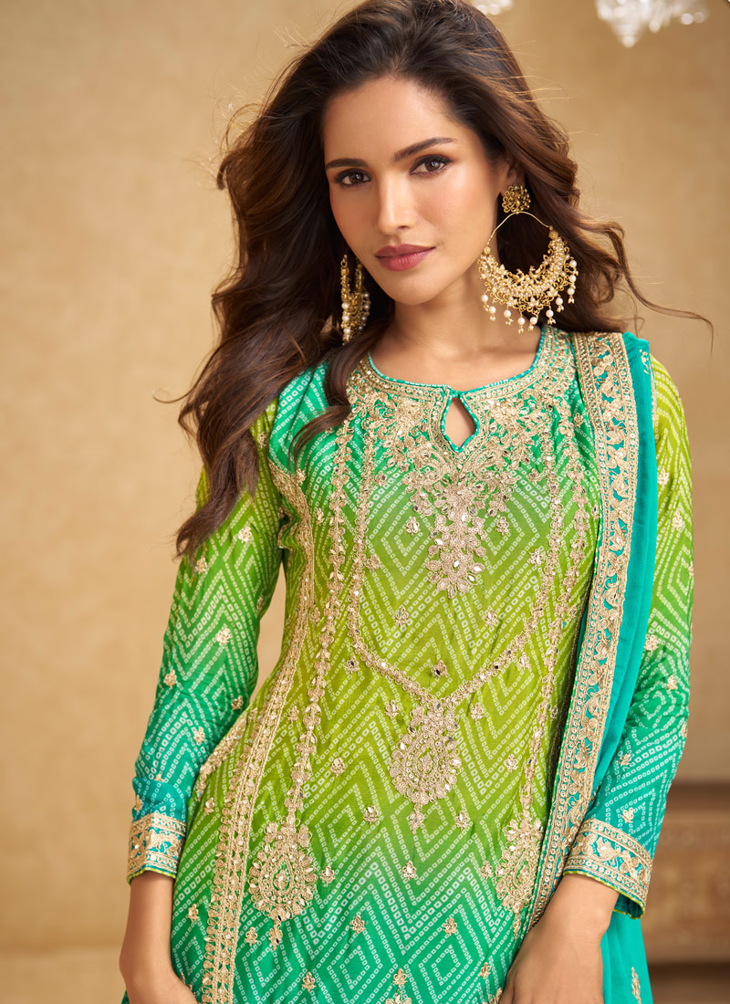 Blue And Green Chinon Embroidered Designer Salwar Kameez