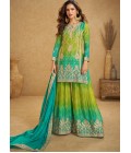 Blue And Green Chinon Embroidered Designer Salwar Kameez