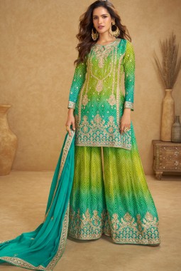 Blue And Green Chinon Embroidered Designer Salwar Kameez