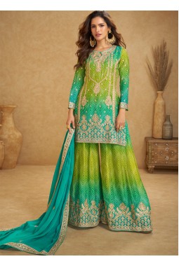 Blue And Green Chinon Embroidered Designer Salwar Kameez