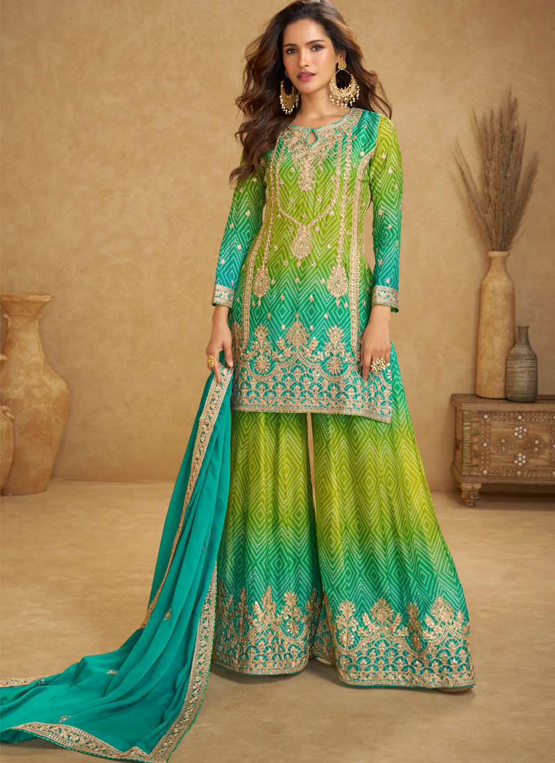 Blue And Green Chinon Embroidered Designer Salwar Kameez