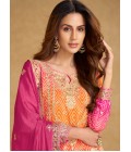 Pink And Orange Chinon Hand Work Designer Salwar Kameez