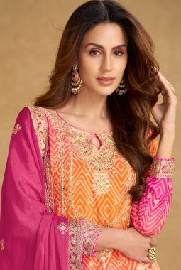 Pink And Orange Chinon Hand Work Designer Salwar Kameez