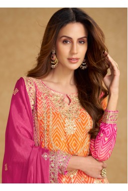 Pink And Orange Chinon Hand Work Designer Salwar Kameez