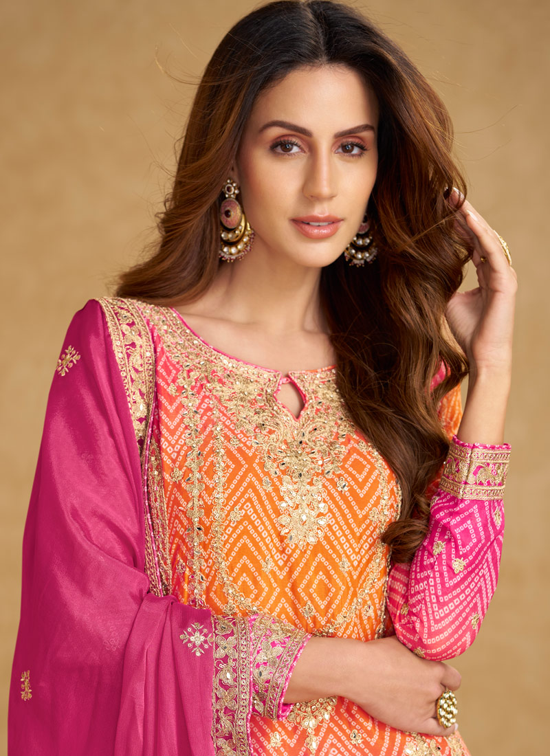 Pink And Orange Chinon Hand Work Designer Salwar Kameez