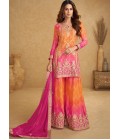 Pink And Orange Chinon Hand Work Designer Salwar Kameez