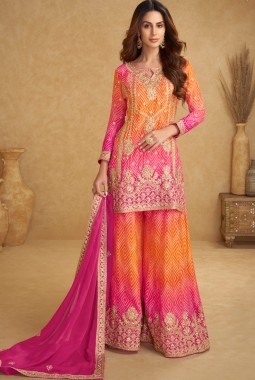 Pink And Orange Chinon Hand Work Designer Salwar Kameez