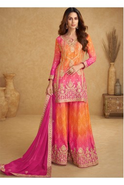 Pink And Orange Chinon Hand Work Designer Salwar Kameez