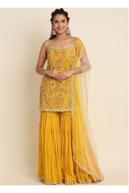 Mustard Faux Georgette Embroidered Wedding Salwar Kameez