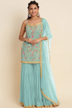 Blue Faux Georgette Sequins Wedding Salwar Kameez