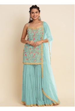 Blue Faux Georgette Sequins Wedding Salwar Kameez