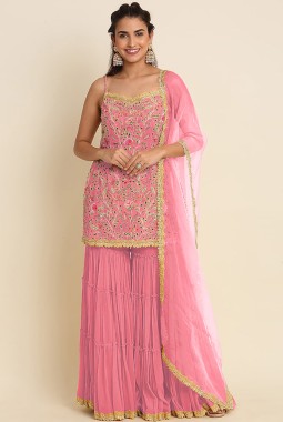 Pink Faux Georgette Embroidered Sequins Wedding Salwar Kameez