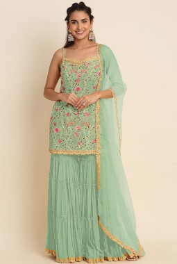 Sea Green Faux Georgette Embroidered Wedding Salwar Kameez