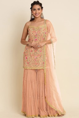 Peach Faux Georgette Sequins Wedding Salwar Kameez