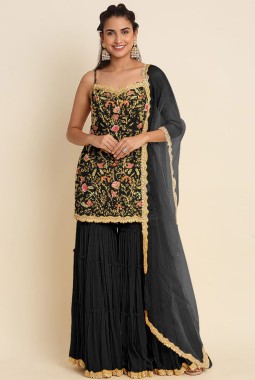 Black Faux Georgette Embroidered Wedding Salwar Kameez