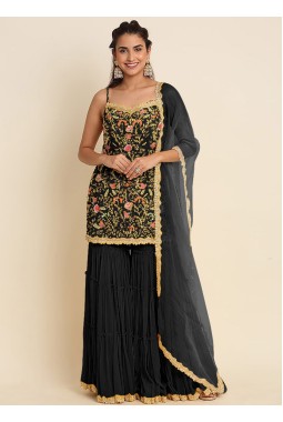 Black Faux Georgette Embroidered Wedding Salwar Kameez