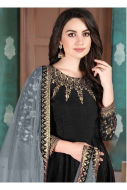 Black Slub Silk Embroidered Wedding Salwar Kameez