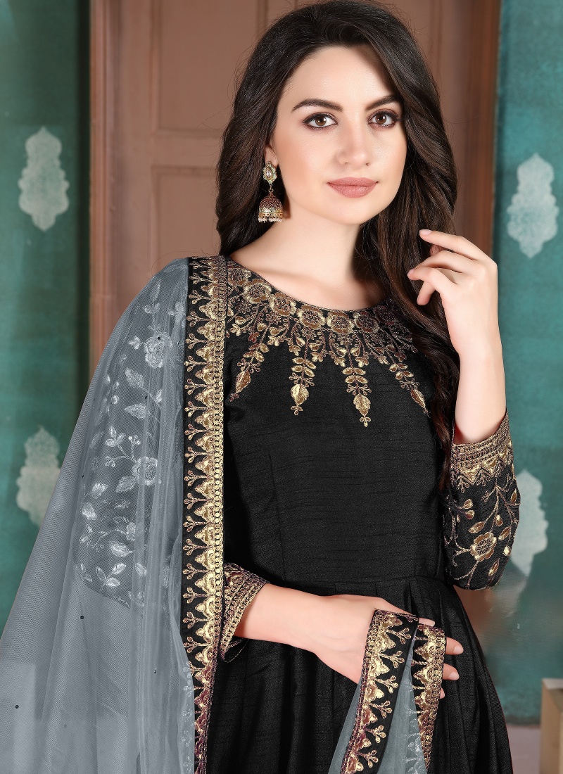 Black Slub Silk Embroidered Wedding Salwar Kameez