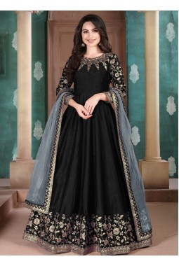 Black Slub Silk Embroidered Wedding Salwar Kameez