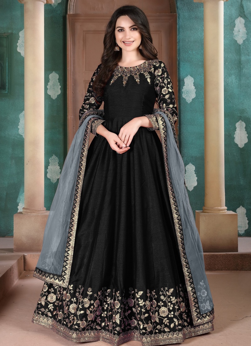 Black Slub Silk Embroidered Wedding Salwar Kameez