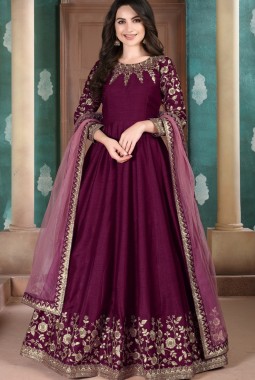 Maroon Slub Silk Embroidered Wedding Salwar Kameez
