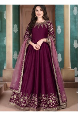 Maroon Slub Silk Embroidered Wedding Salwar Kameez