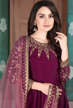 Maroon Slub Silk Embroidered Wedding Salwar Kameez