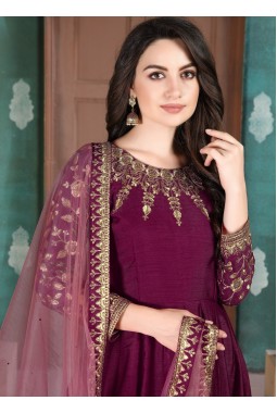 Maroon Slub Silk Embroidered Wedding Salwar Kameez