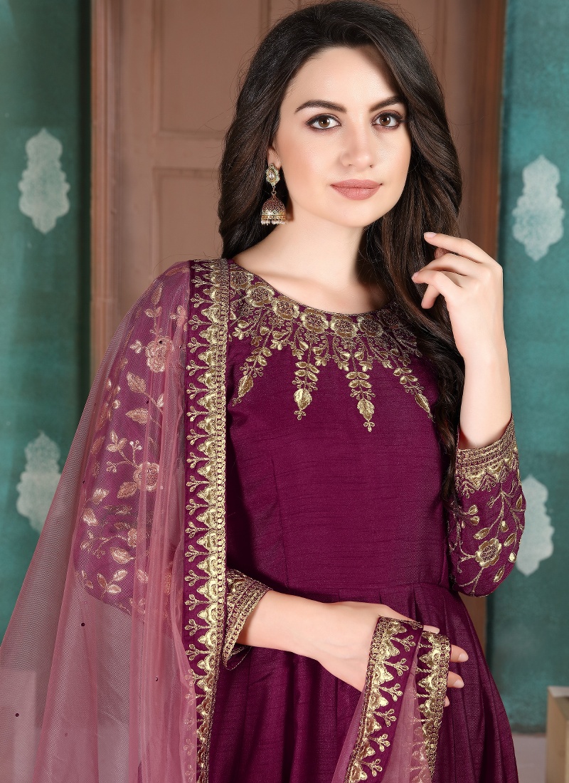 Maroon Slub Silk Embroidered Wedding Salwar Kameez