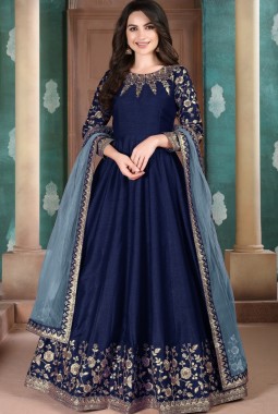 Navy Blue Slub Silk Embroidered Wedding Salwar Kameez