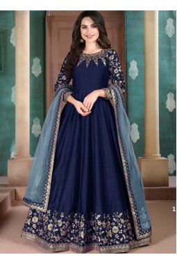 Navy Blue Slub Silk Embroidered Wedding Salwar Kameez