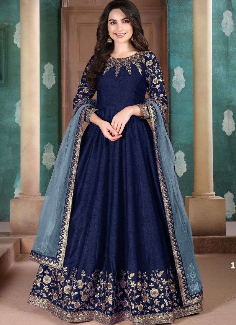 Navy Blue Slub Silk Embroidered Wedding Salwar Kameez