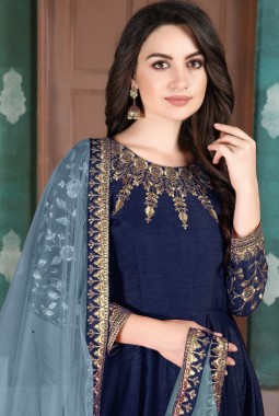 Navy Blue Slub Silk Embroidered Wedding Salwar Kameez
