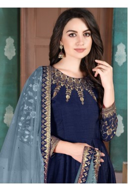 Navy Blue Slub Silk Embroidered Wedding Salwar Kameez