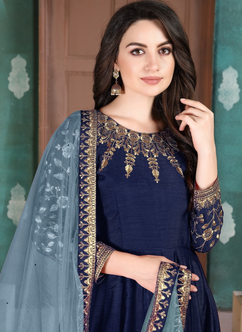 Navy Blue Slub Silk Embroidered Wedding Salwar Kameez