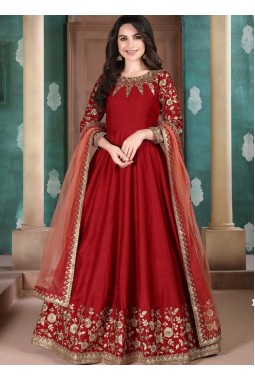 Orange Slub Silk Embroidered Wedding Salwar Kameez