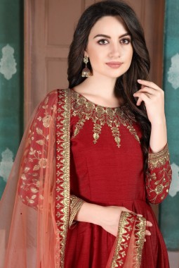 Orange Slub Silk Embroidered Wedding Salwar Kameez